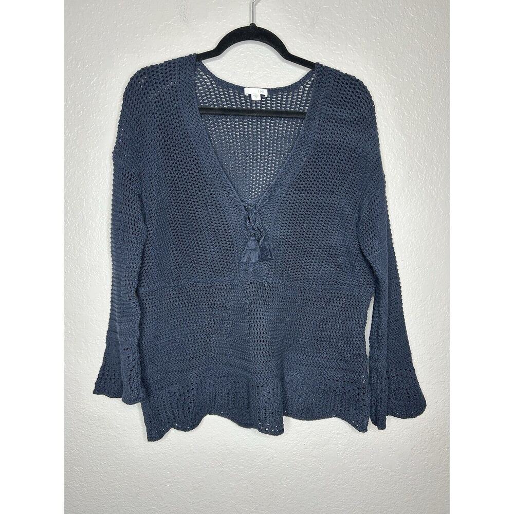 J Jill Open Knit Navy Sweater Tassel Tie Crochet Beachy Coastal Cottage Medium